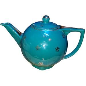 Hall Teal Enamel Teapot with Gold Star Motif  Mid-Century (1950s–1960s) Vintage